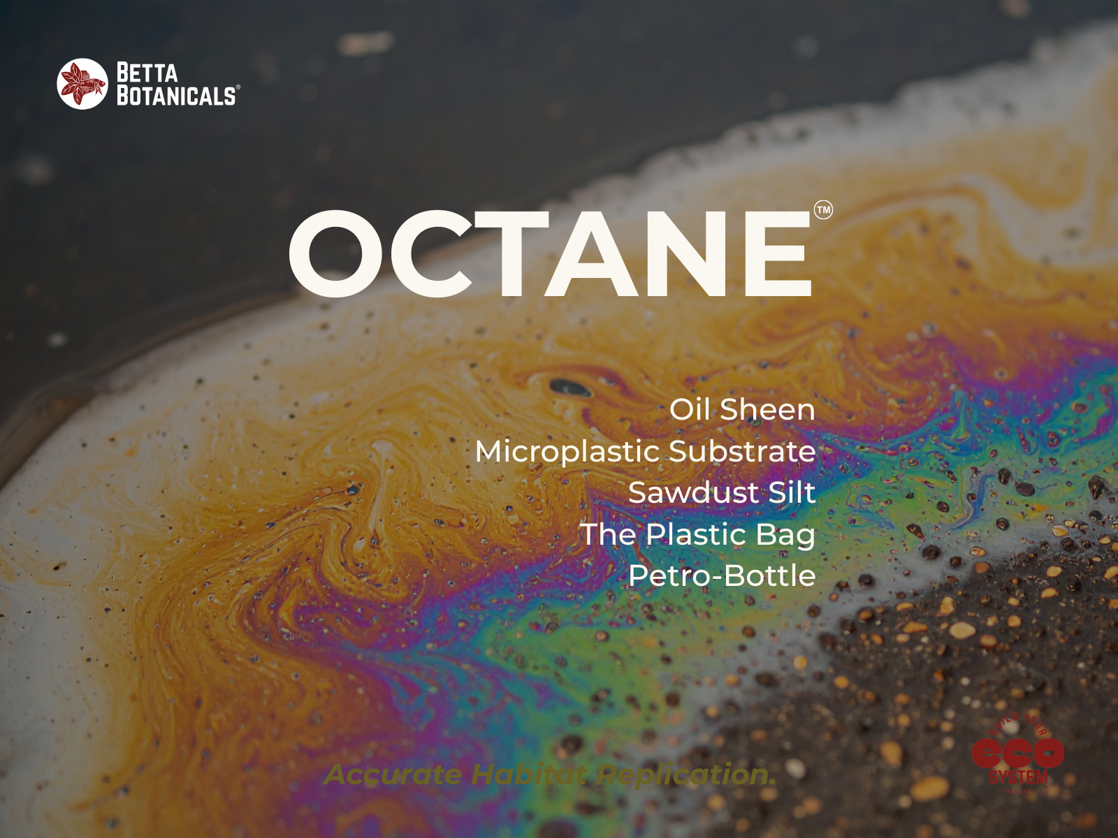 A close-up surface view of iridescent oil sheen, microplastic substrate, and sawdust silt particles suspended at the water surface of a blackwater aquarium, photographed in situ at Betta Botanicals.