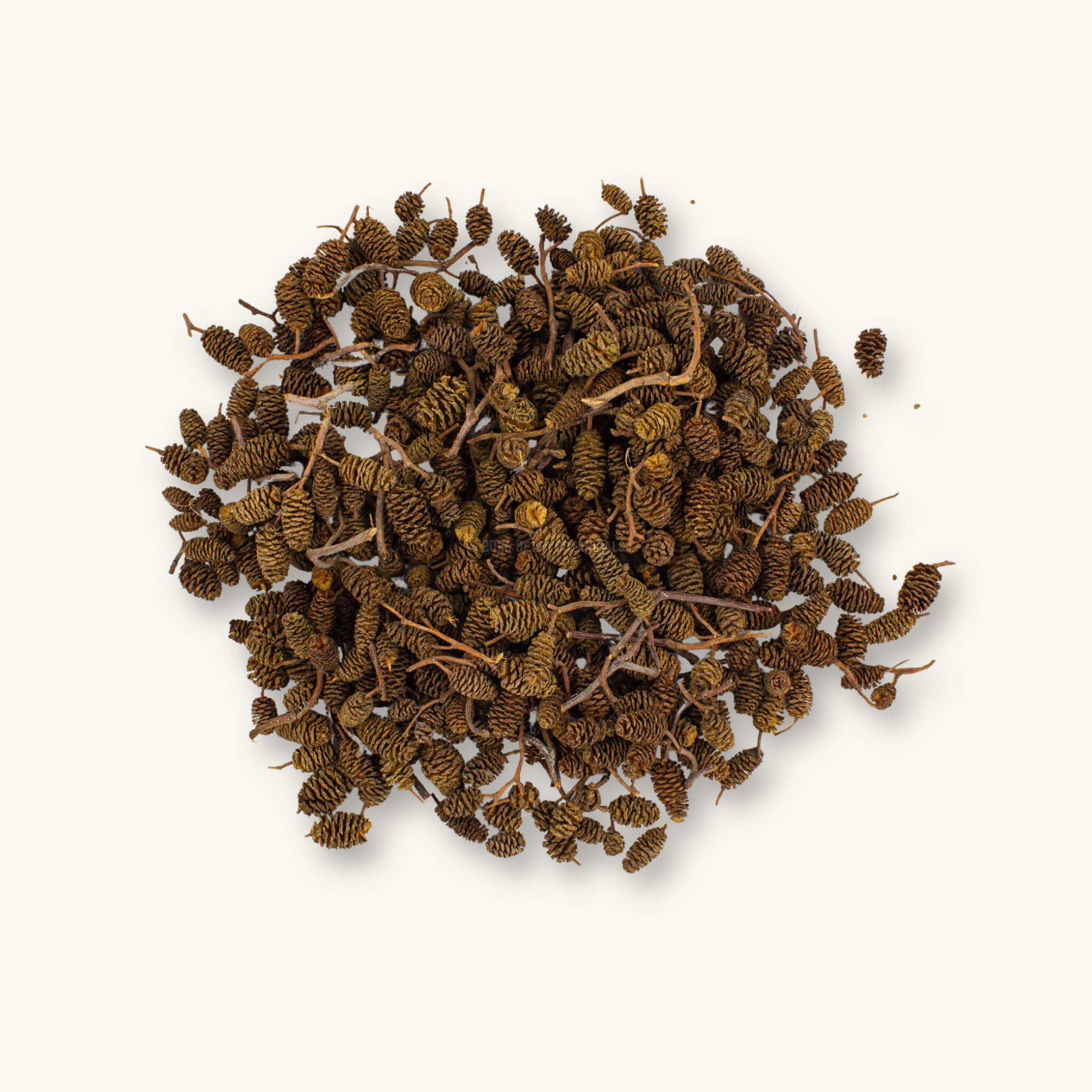 A flat lay of one hundred and twenty grams of brown and tan alder cones for shrimp tanks, photographed on a natural background at Betta Botanicals.