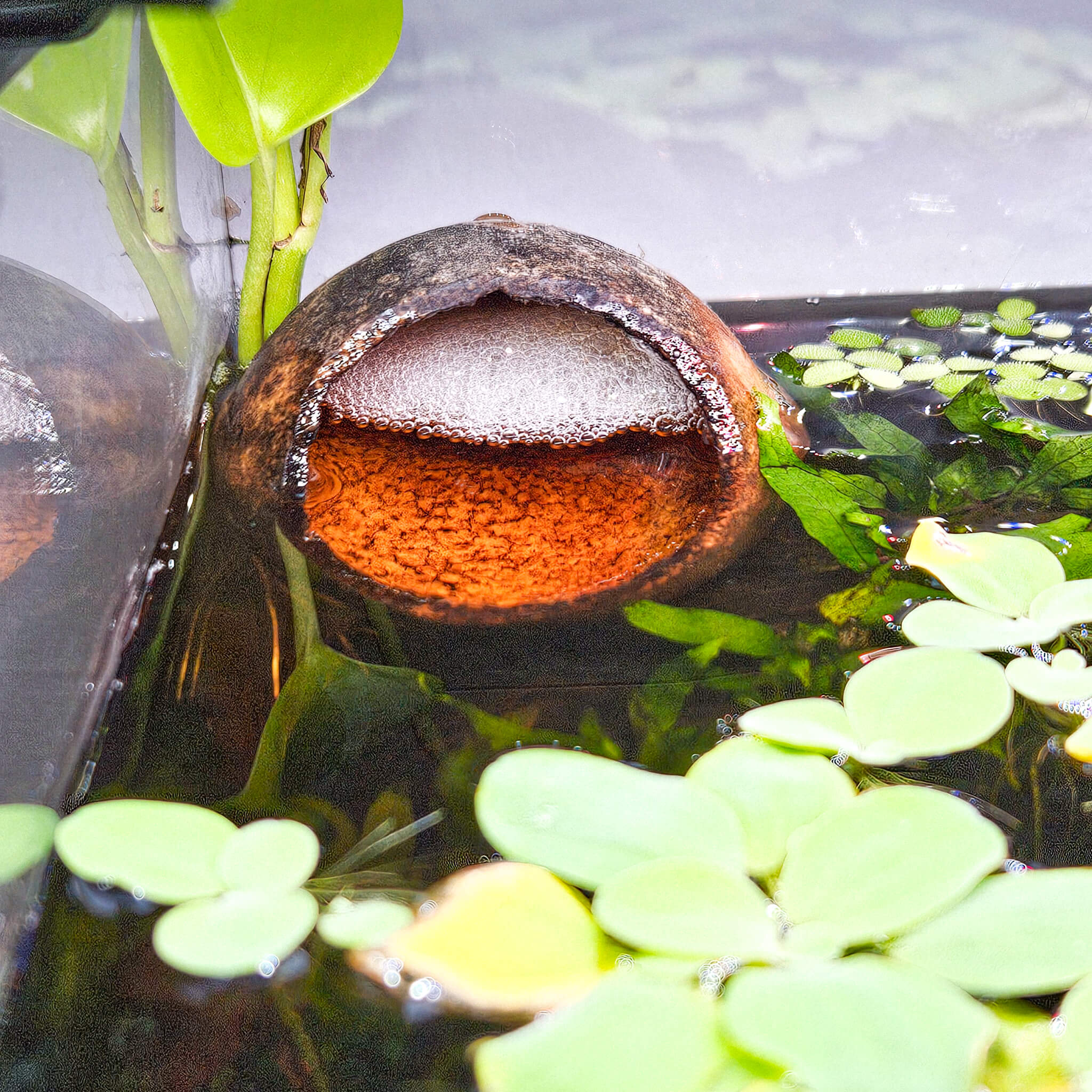 A betta fish bubble nest built within a hollow bael pod among floating plants in a blackwater aquarium, photographed in a natural aquarium at Betta Botanicals.