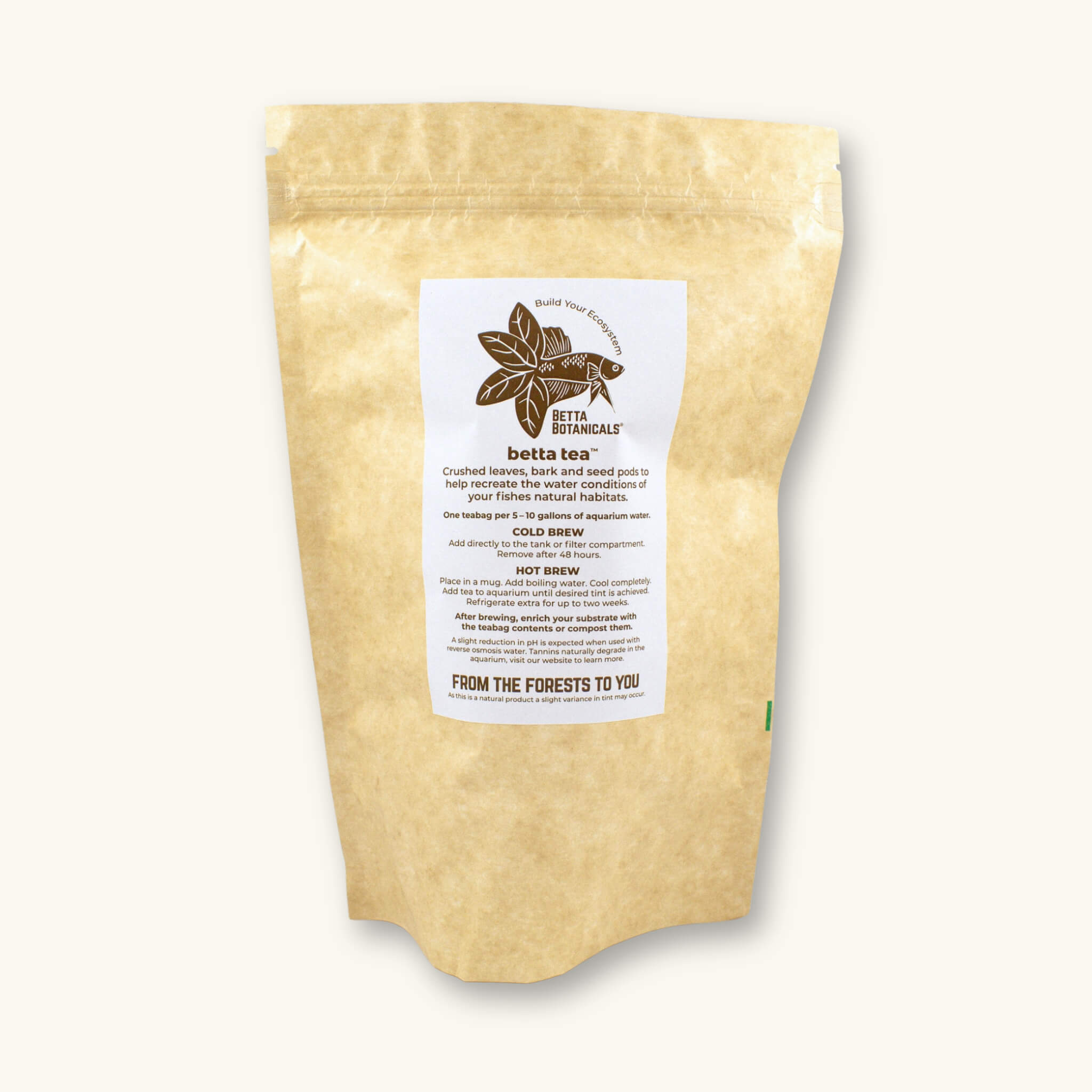 A kraft colored compostable pouch of catappa tea bags, photographed against a natural background at Betta Botanicals.