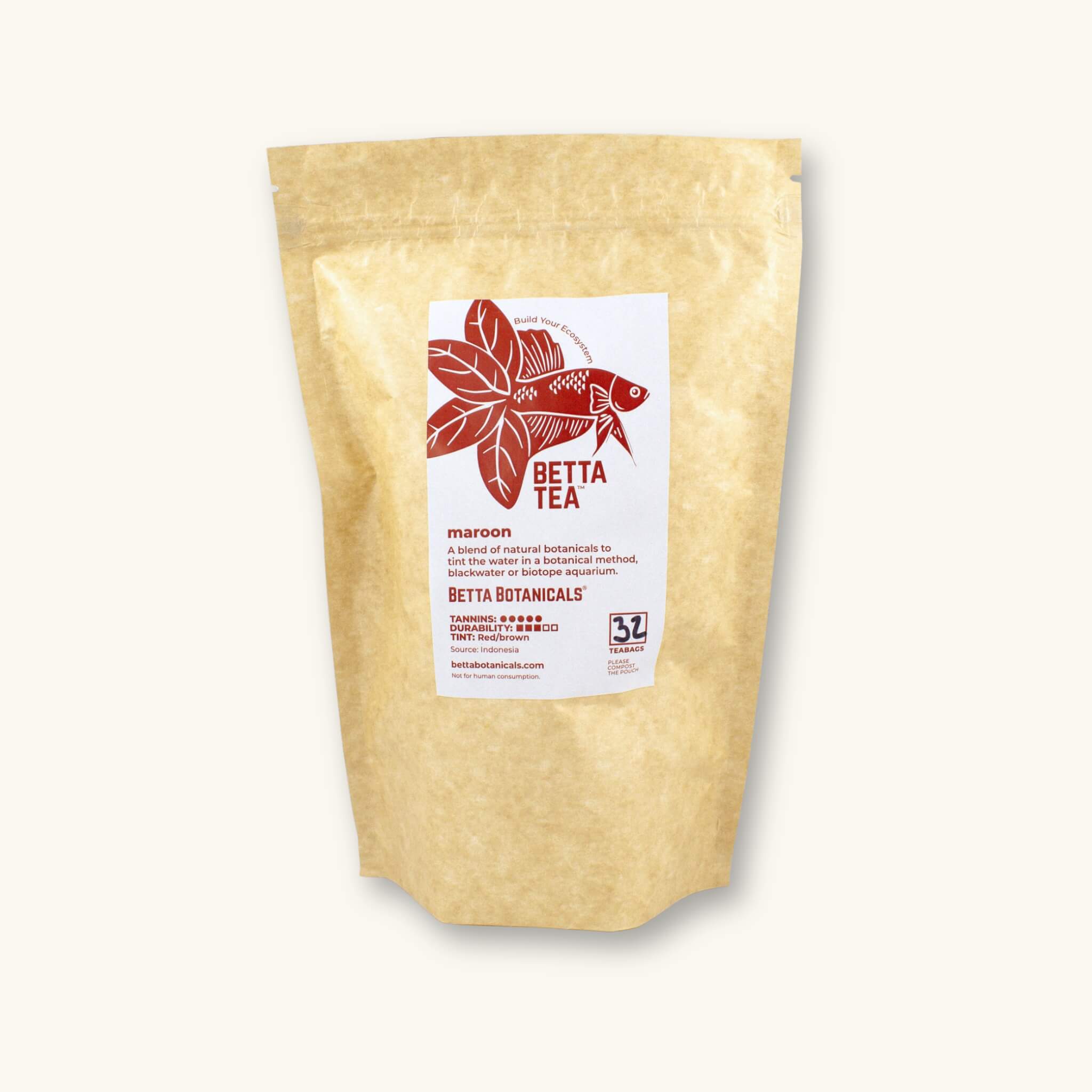 A kraft colored compostable pouch of maroon tinting tea bags containing high tannin botanicals to retint blackwater aquariums at Betta Botanicals.