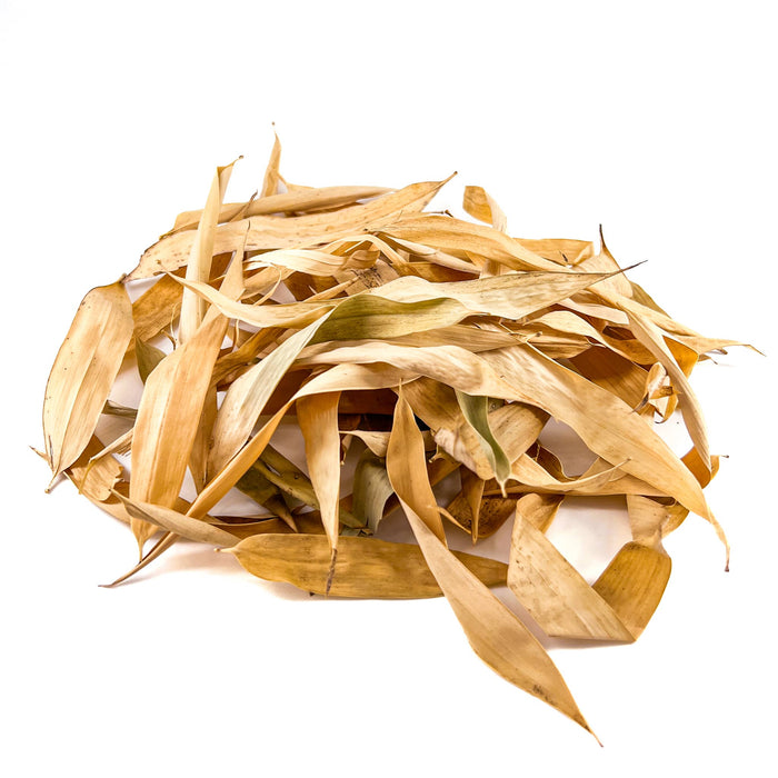 Pile of long, tan, and yellow bamboo leaf litter for aquariums and terrariums by Betta Botanicals.