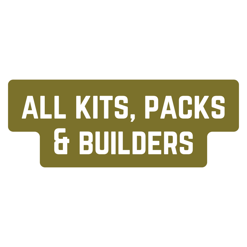 A white graphic with green text, "all kits, packs & builders" for bioactive enclosures and blackwater aquariums at Betta Botanicals.