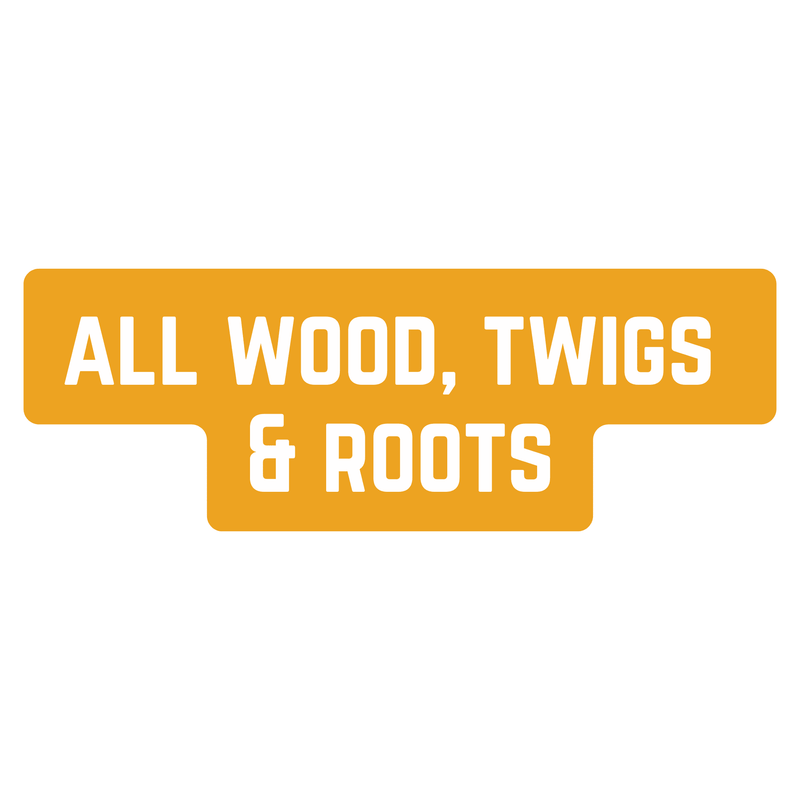 A white graphic with yellow text "all wood, twigs & roots" for vivariums and aquariums at Betta Botanicals.