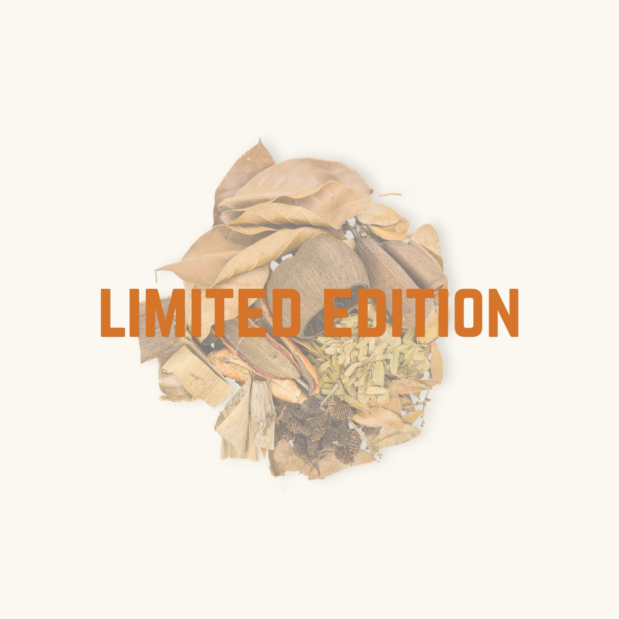 A variety of brown, tan, and yellow leaves arranged behind text, 'limited edition', photographed on a natural background at Betta Botanicals.