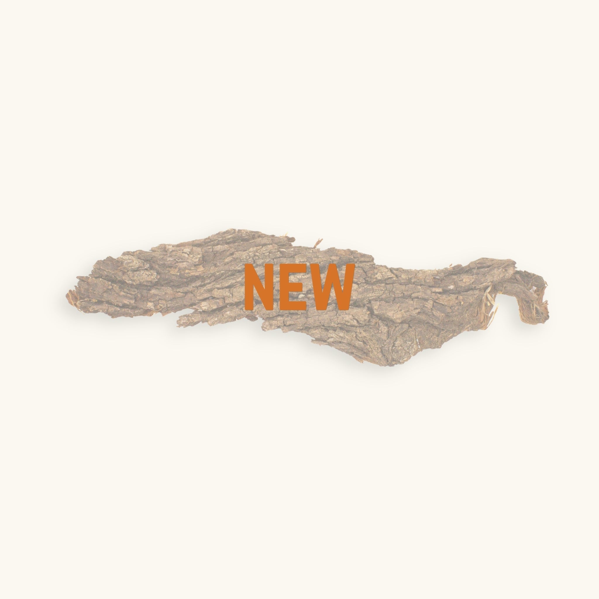 A brown grooved bark slab with text over top, 'new', photographed on a natural background at Betta Botanicals.