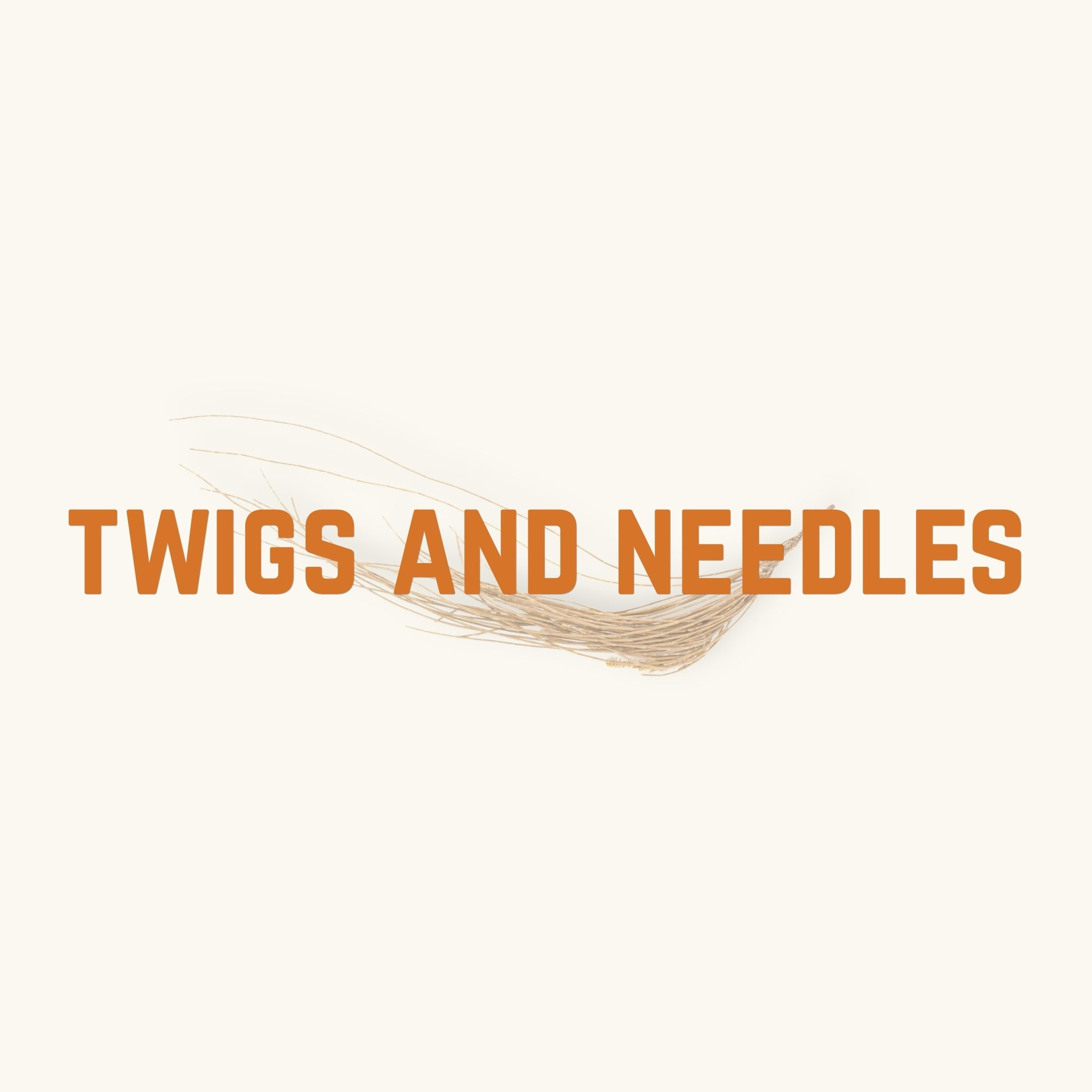 A clump of thin and brown pine needles behind text, 'twigs and needles', photographed on a natural background at Betta Botanicals.