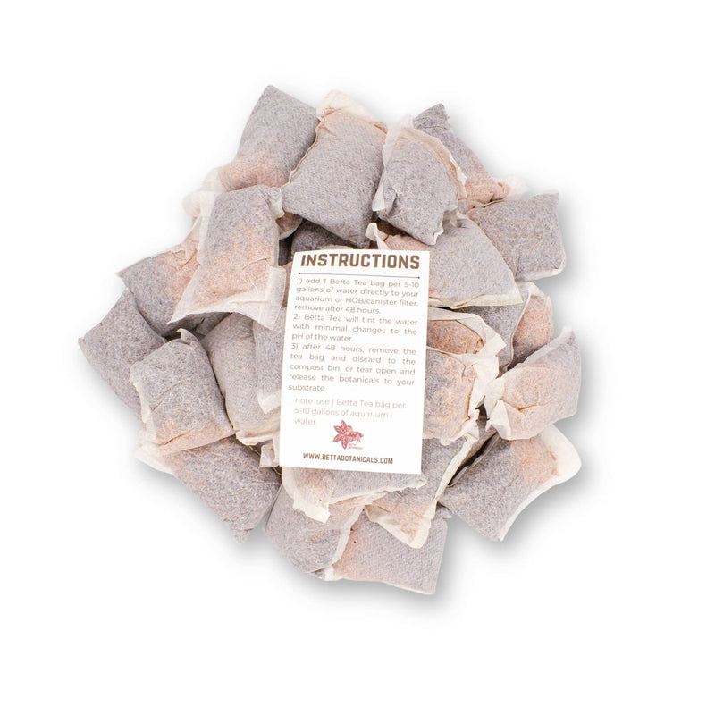 Betta Tea Bags with maroon tannin botanicals, photographed on a white background for blackwater aquarium use at Betta Botanicals.