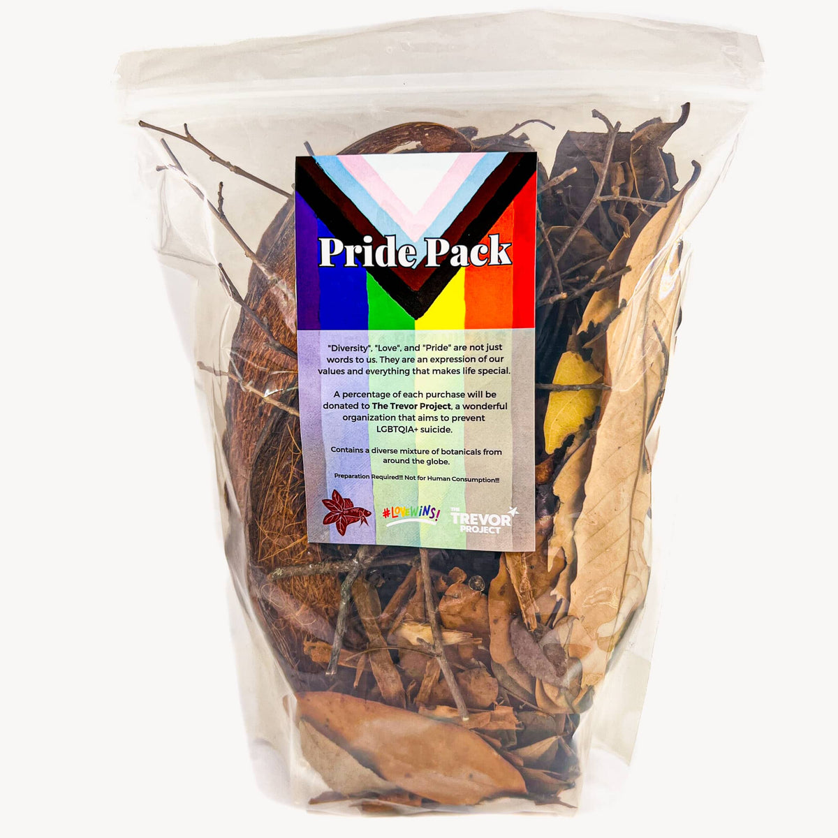 A clear bag of brown aquarium botanicals for blackwater and biotope aquariums with a rainbow pride label.