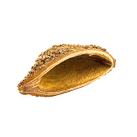 A yellow, tan, and brown seed on laid on its side with a hollow inside for paludariums or blackwater aquariums at Betta Botanicals.
