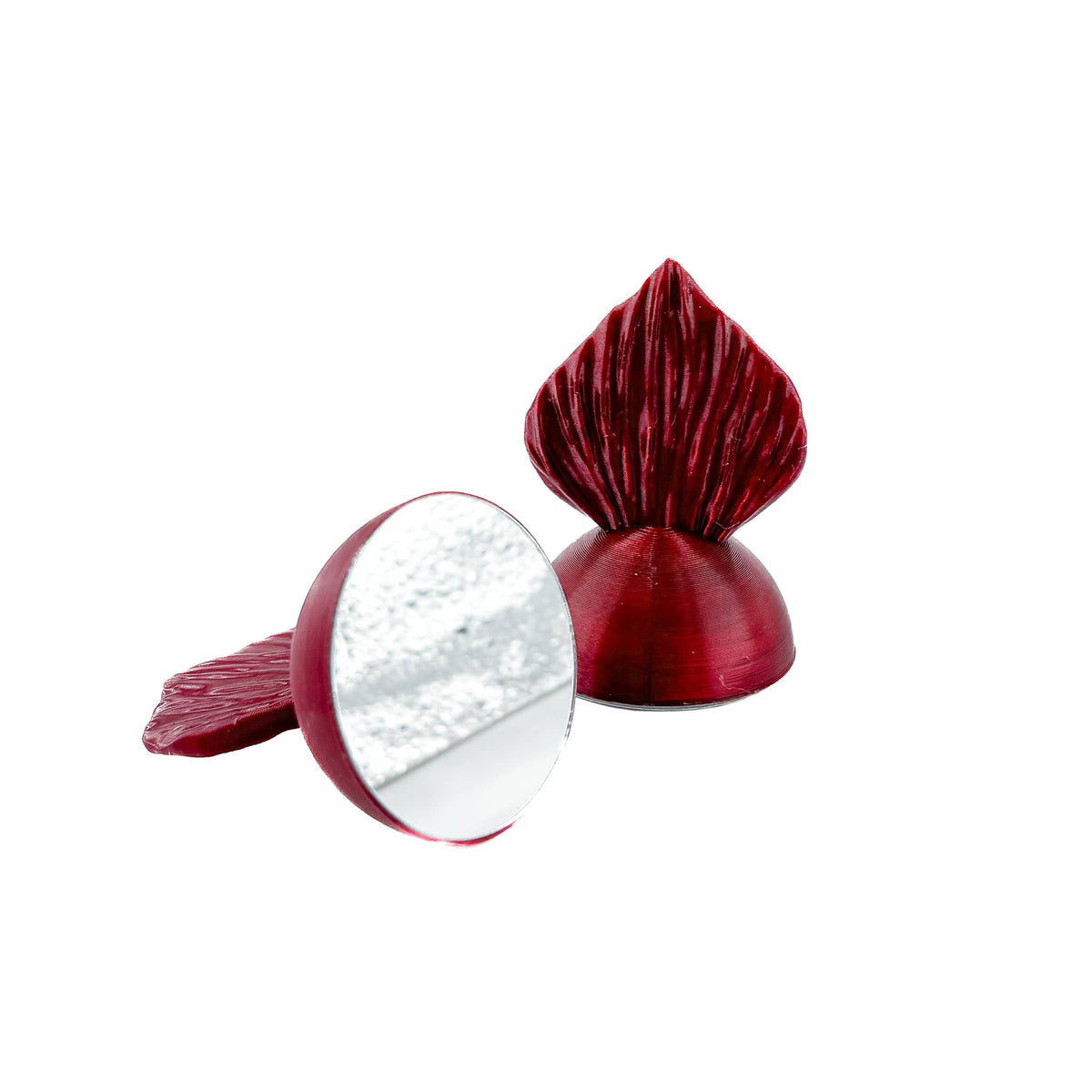 A maroon colored 3D printed mirror for exercising betta fish in blackwater aquariums at Betta Botanicals.