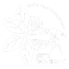 A white graphic of the official betta botanicals logo, with a betta fish shown having leaves for its tail fins and text, 'betta botanicals' and 'build your ecosystem'.