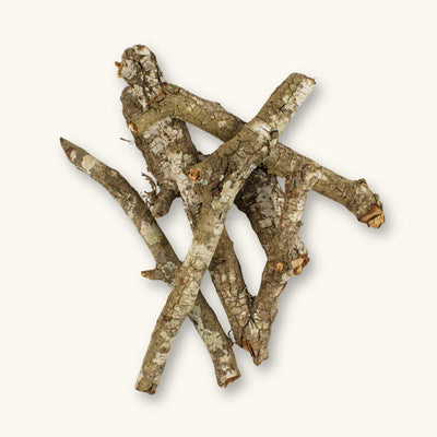 A stack of oak branches for aquariums with cracked bark and exposed wood ends, providing structure and refuge used in a blackwater aquarium or bioactive vivarium, photographed on a natural background at Betta Botanicals.