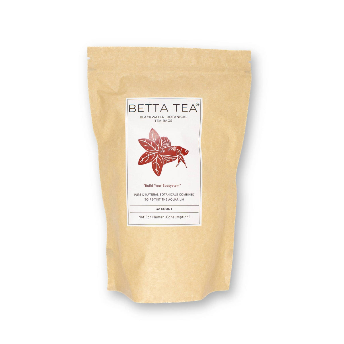 A compostable pouch of maroon tea bags containing high tannin botanicals to retint blackwater aquariums at Betta Botanicals.