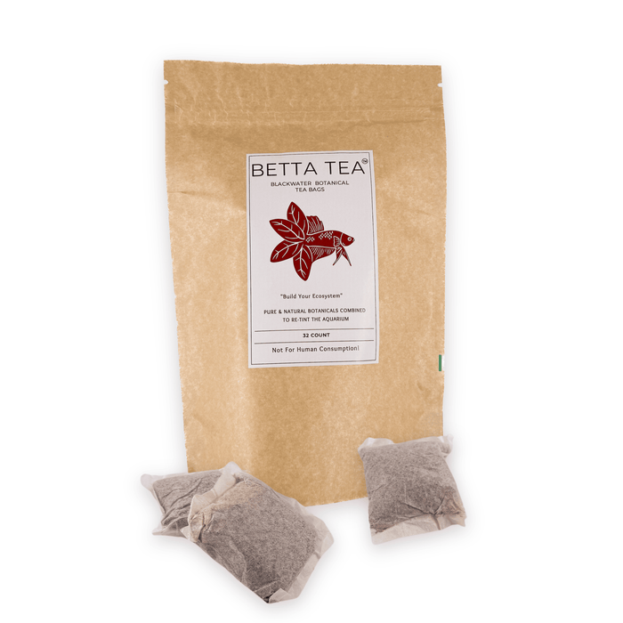 A compostable pouch of maroon tea bags containing botanicals to retint blackwater, biotope and botanical method aquariums at Betta Botanicals.