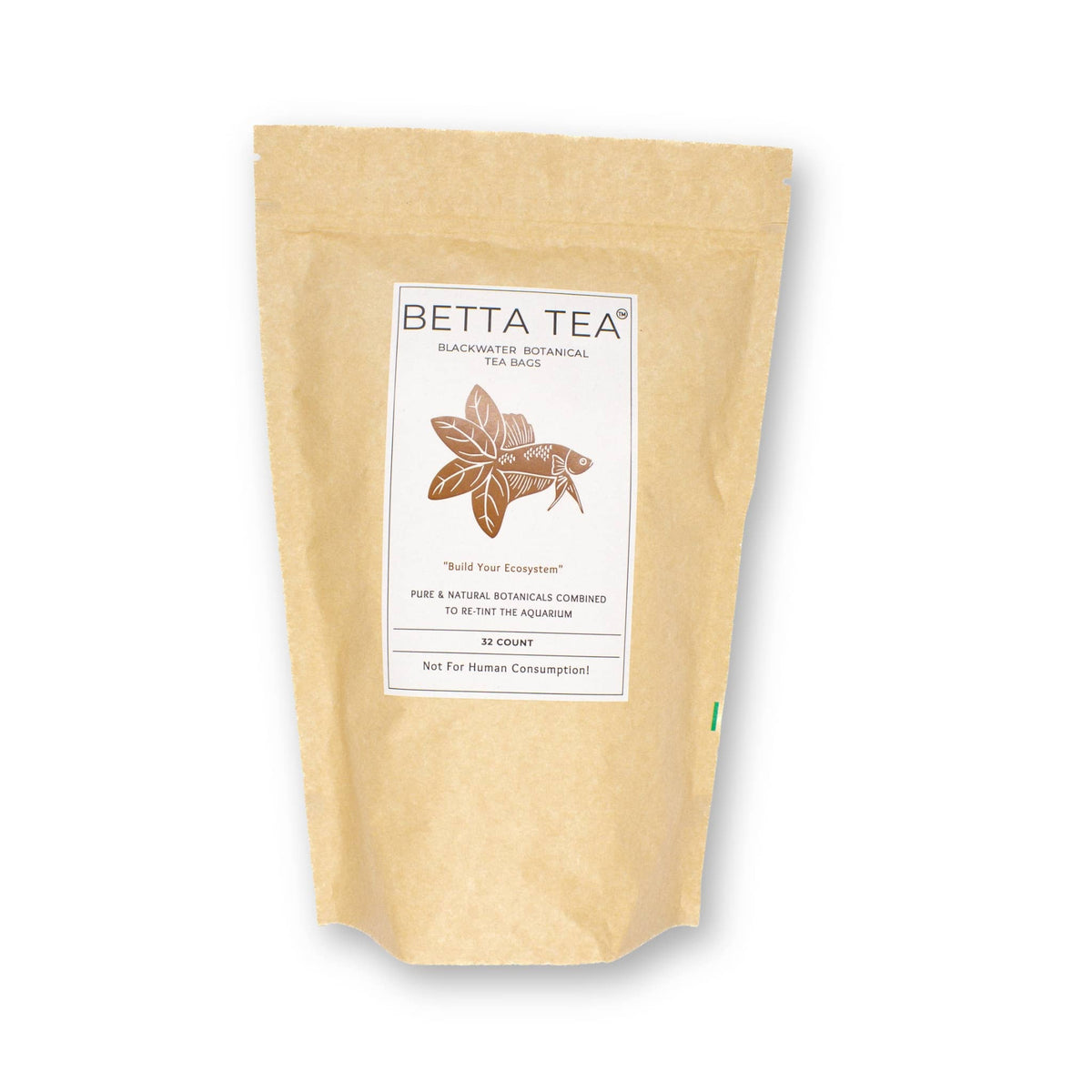 A compostable pouch of brown tea bags containing high tannin botanicals to retint blackwater aquariums at Betta Botanicals.