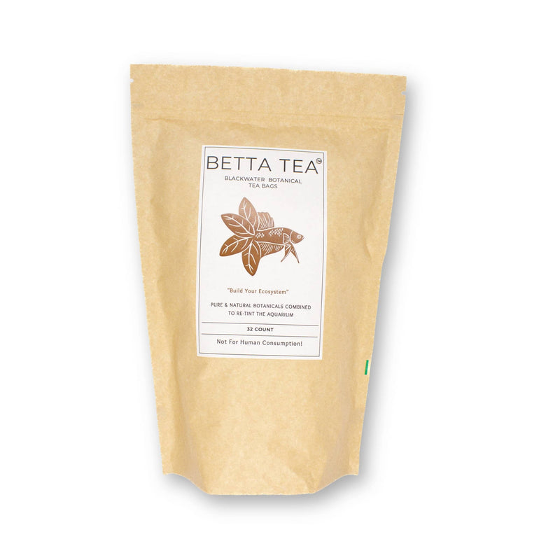 A compostable pouch of brown tea bags containing high tannin botanicals to retint blackwater aquariums at Betta Botanicals.
