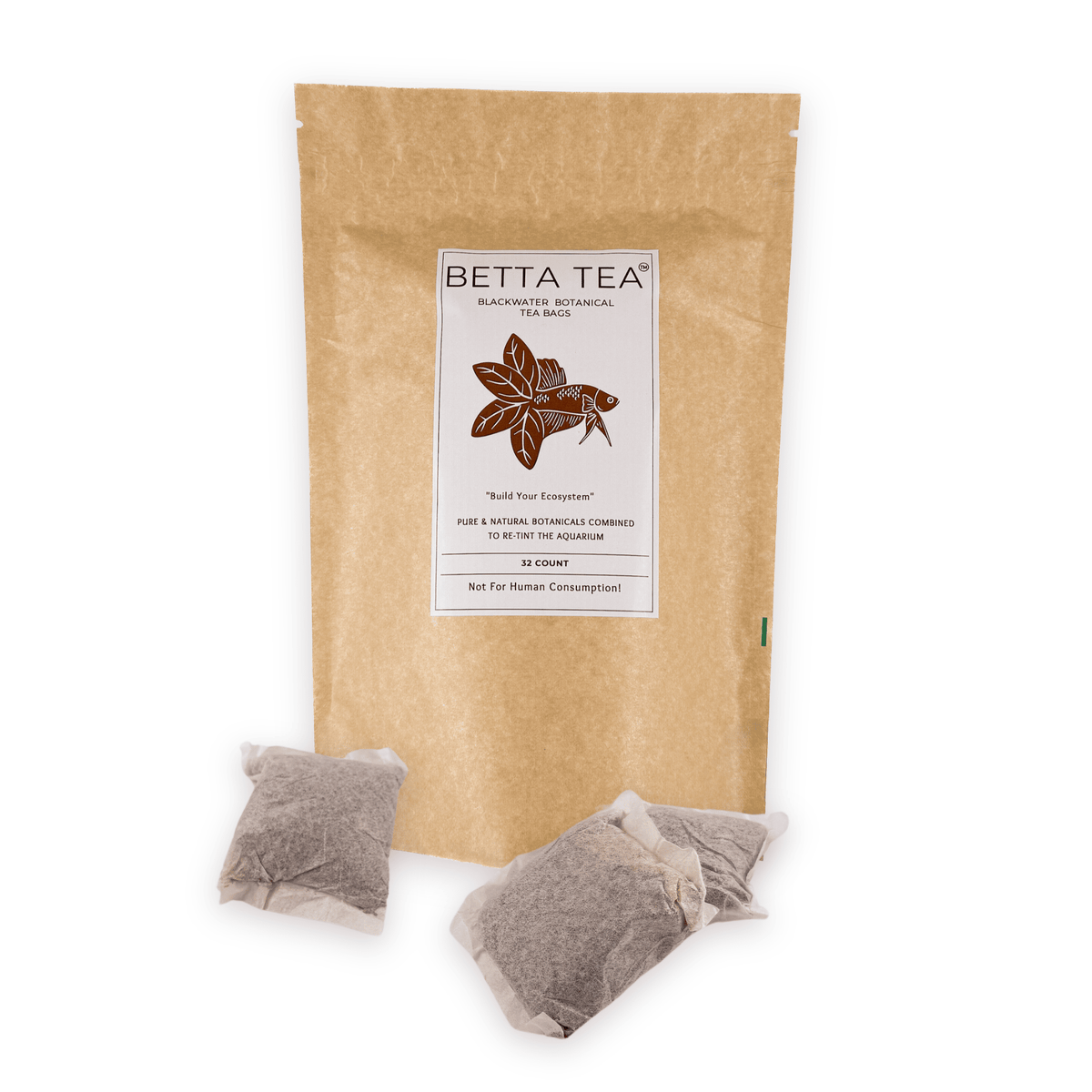 A compostable pouch of brown tea bags containing botanicals to retint blackwater, biotope and botanical method aquariums at Betta Botanicals.