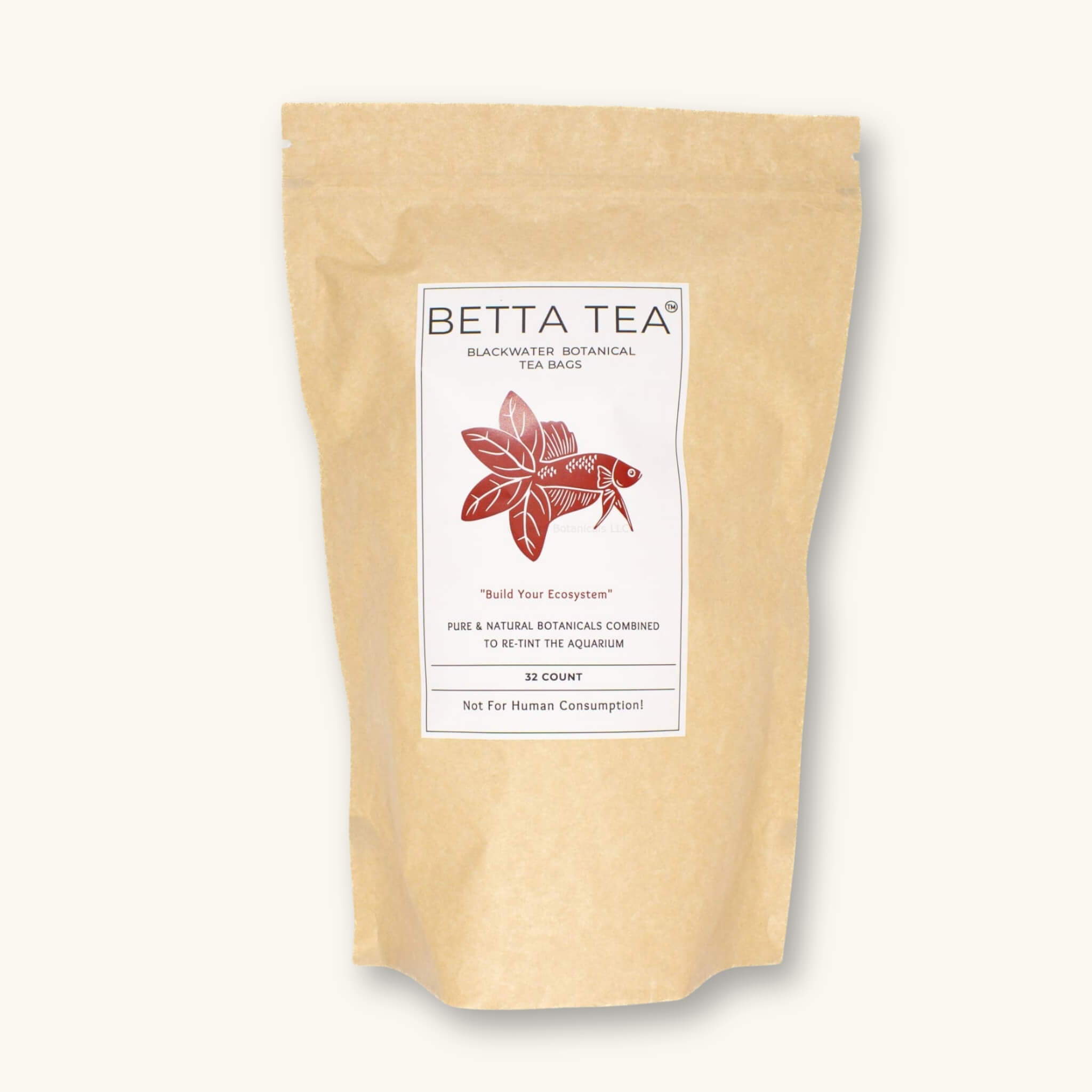 A kraft colored compostable pouch of maroon tinting tea bags containing high tannin botanicals to retint blackwater aquariums at Betta Botanicals.