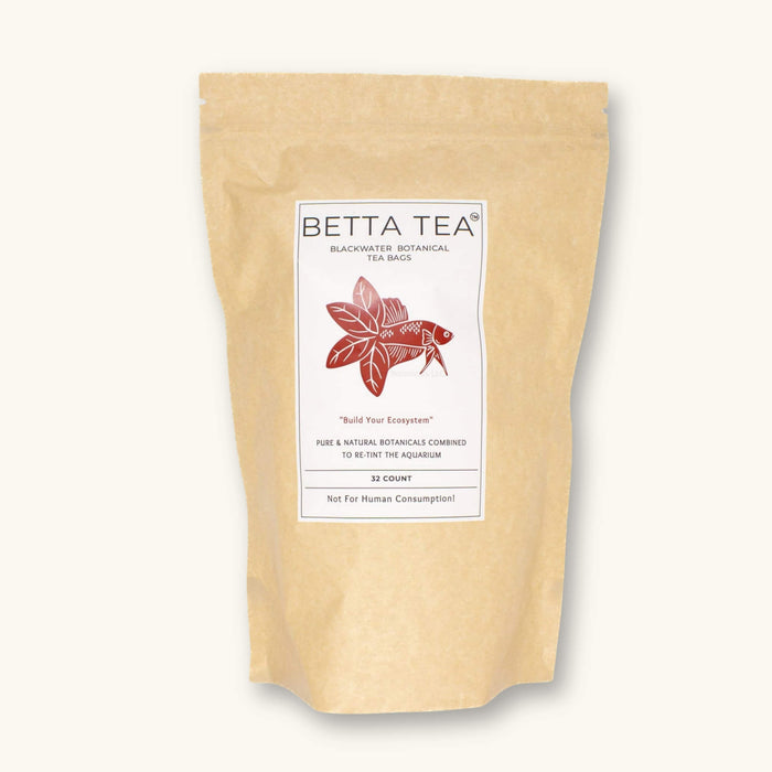 A kraft colored compostable pouch of maroon tinting tea bags containing high tannin botanicals to retint blackwater aquariums at Betta Botanicals.