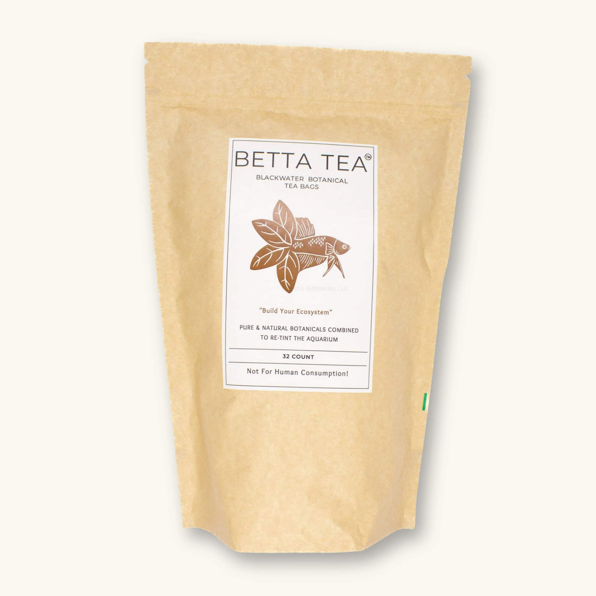A kraft colored compostable pouch of brown tea bags containing high tannin botanicals to retint blackwater aquariums at Betta Botanicals.