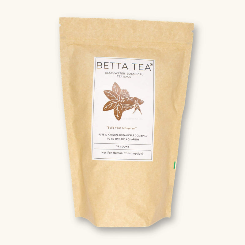 A kraft colored compostable pouch of brown tea bags containing high tannin botanicals to retint blackwater aquariums at Betta Botanicals.