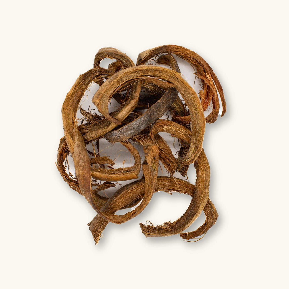 A pile of brown Coconut Husk Curls (Cocos nucifera) for blackwater aquariums, photographed on a natural background at Betta Botanicals.