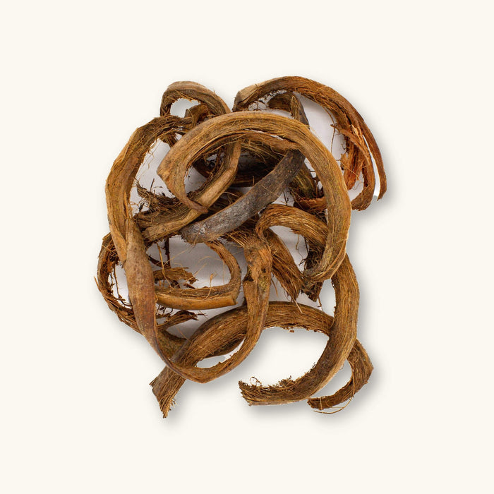 A pile of brown Coconut Husk Curls (Cocos nucifera) for blackwater aquariums, photographed on a natural background at Betta Botanicals.