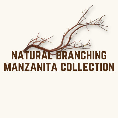A natural manzanita branch with brown and red bark overtop text that reads Natural Branching Manzanita Collection, photographed on a natural background at Betta Botanicals.