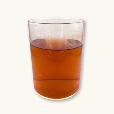 A glass jar of amber and brown tannins from a lotus seed pod for aquariums, photographed on a natural background at Betta Botanicals.