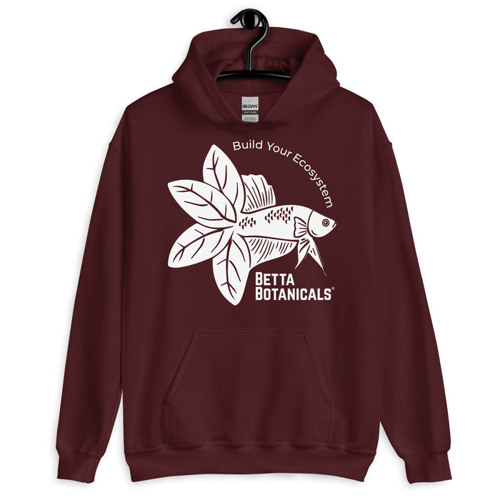 Unisex maroon hoodie with the Betta Botanicals logo, blending warmth and sustainability for botanical method aquarium lovers.