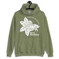 “Unisex military green hoodie displaying the Betta Botanicals logo, ideal for nature lovers and aquarium keepers embracing sustainability.