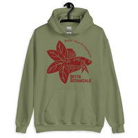 Unisex heavy-blend hoodie in military green with a maroon Betta Botanicals design, showcasing a Betta fish with leaf accents and the tagline ‘Build Your Ecosystem’.