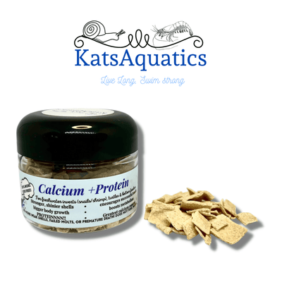Calcium+Protein shrimp food by KatsAquatics to help prevent failed shrimp molts at Betta Botanicals, for cherry shrimp, for crystal red shrimp.