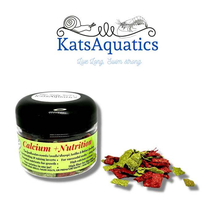 Natural shrimp food that is calcium fortified by KatsAquatics by Betta Botanicals, for cherry shrimp, bee shrimp, and aquatic snails.