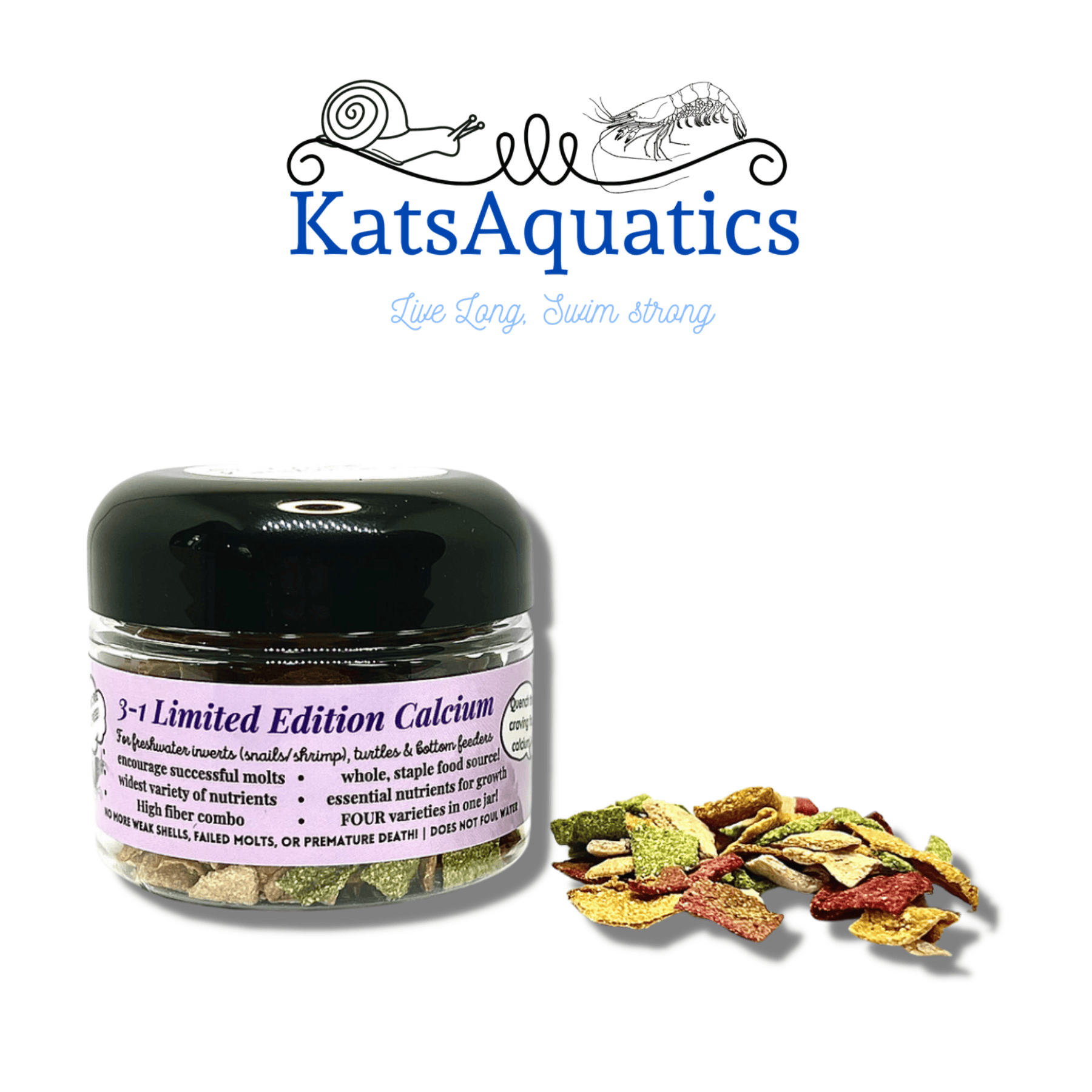 A pile of aquarium shrimp food by KatsAquatics, for Cherry Shrimp, Crystal Red Shrimp, and other ornamental aquarium shrimp species.
