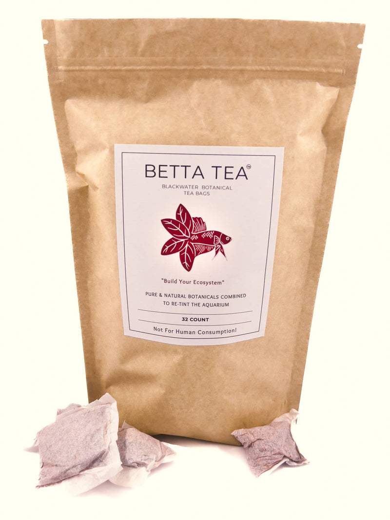 A compostable tan bag of Betta Tea aquarium tannins with three betta tea bags for aquariums by Betta Botanicals.