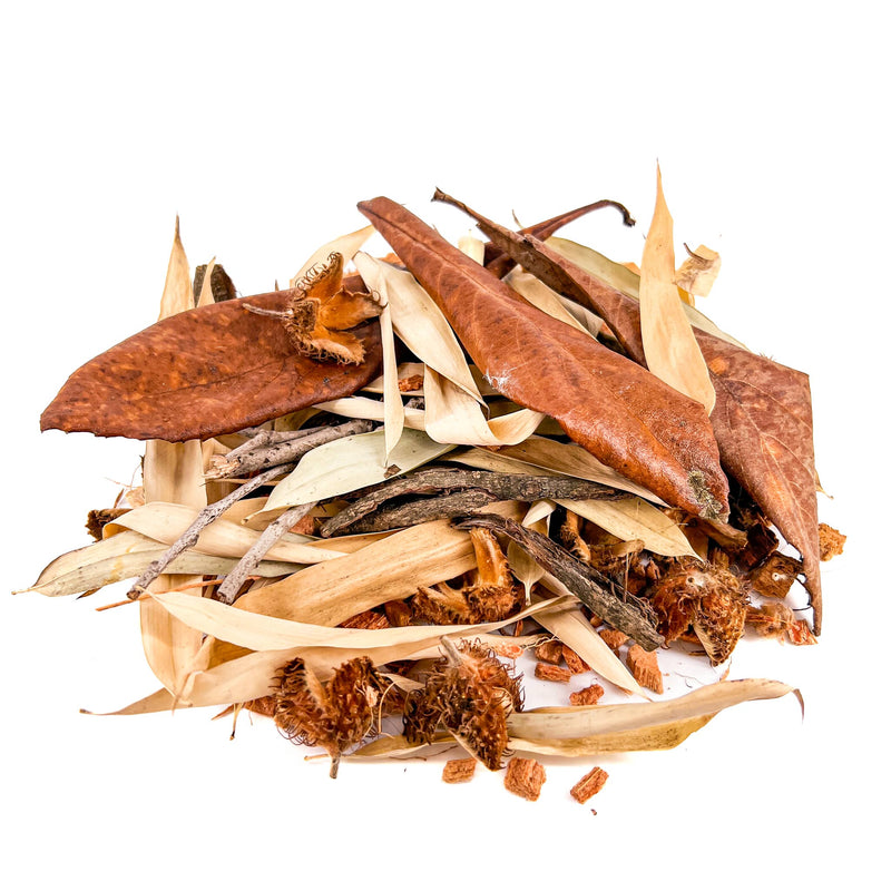 Pile of brown, amber, and tan blackwater leaves, seed pods, and twigs, for aquariums and terrariums by Betta Botanicals.