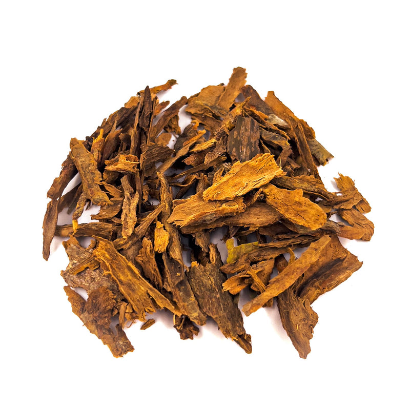 Pile of fibrous, brown, amber cinnamon bark wood chips for aquariums by Betta Botanicals.