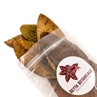 Pile of brown, green, and tan guava leaves for aquariums and terrariums in clear sustainable packaging by Betta Botanicals.