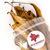 Pile of long, brown, and crinkled mango leaves for aquariums in clear sustainable packaging by Betta Botanicals.