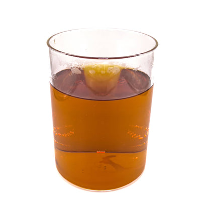 A clear glass jar of aquarium water tinted with amber/yellow tannins from mango leaves by Betta Botanicals.